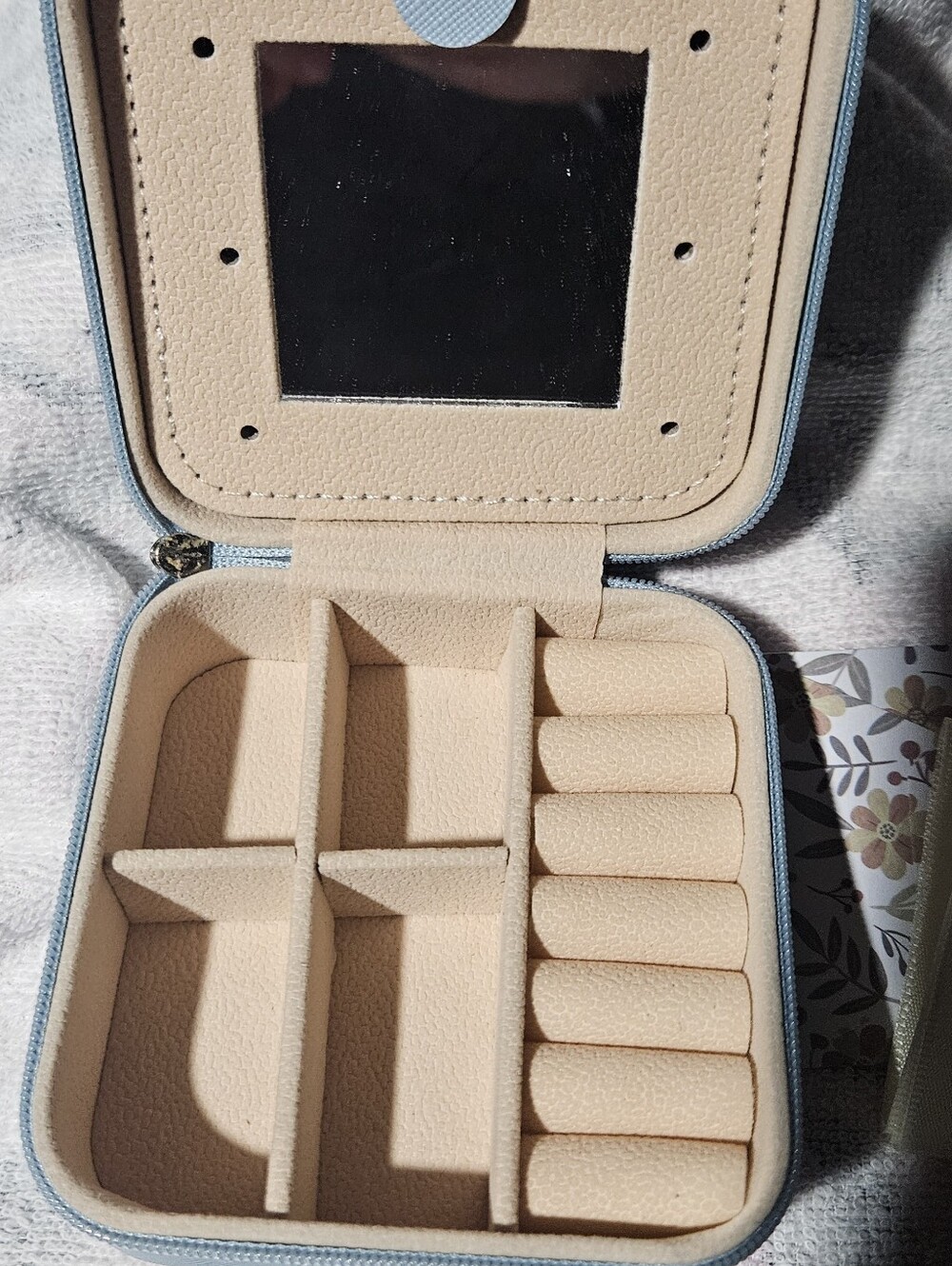 Compact Travel Jewelry Case in Light Blue and Cream